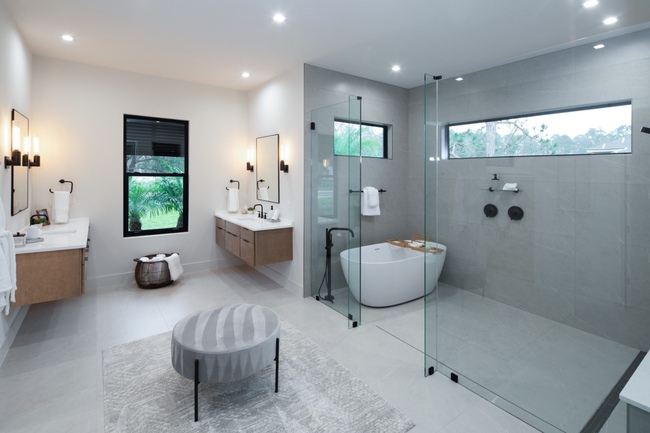 Hurricane Windows in Pinellas County, FL Modern style for safety, featuring sliding glass doors and contemporary bath windows.