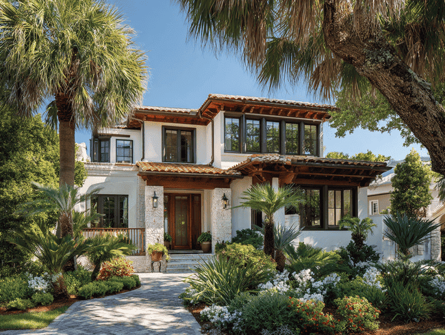 Mediterranean home exterior with hurricane windows in Pinellas County, FL and tropical landscaping