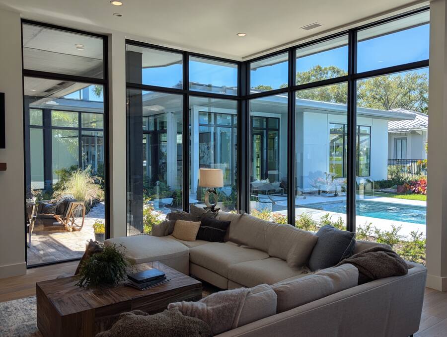 Bright living room with Hurricane Windows in Pinellas County, FL offering impact resistance and outdoor views.