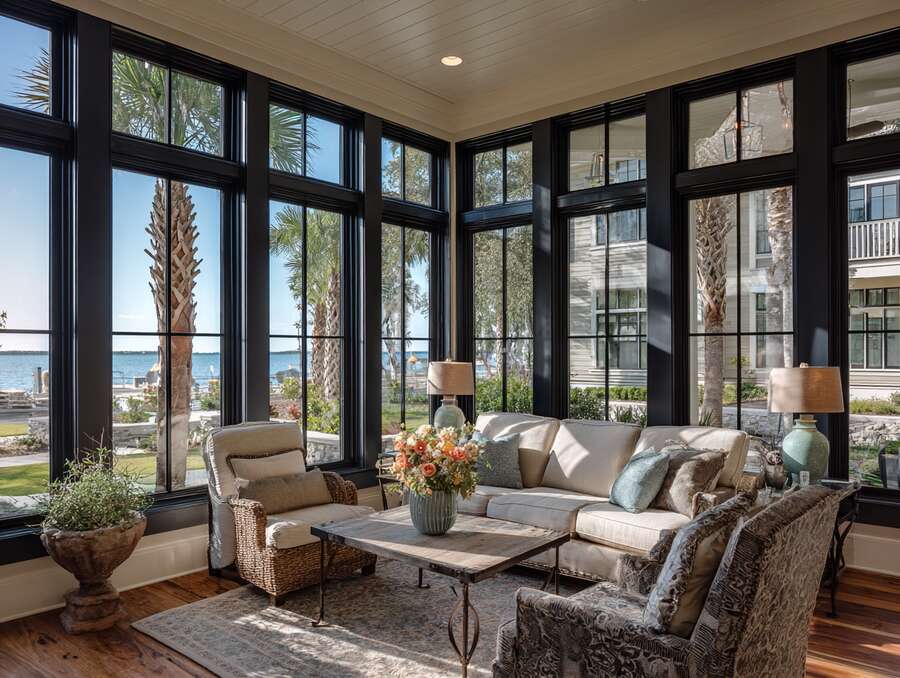 Coastal living room with Hurricane Windows in Pinellas County, FL framing palm trees and waterfront views.