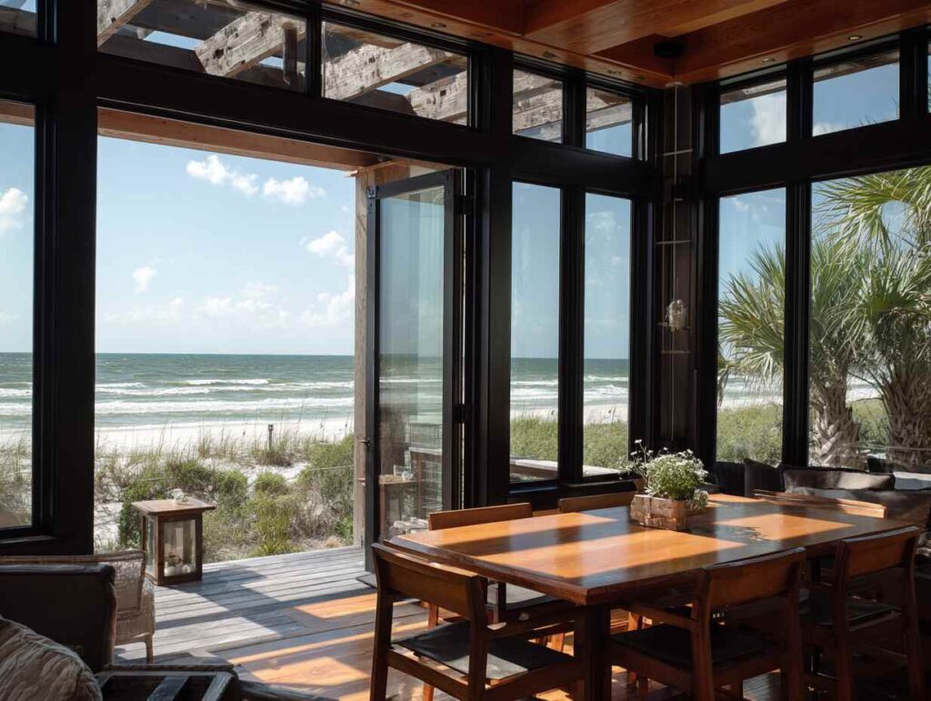 Floor to ceiling hurricane windows in Pinellas County FL provide beautiful beach views and maximum storm safety for families.