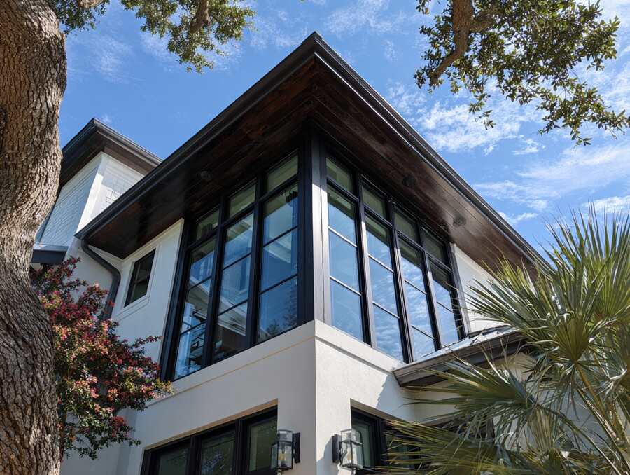 Modern corner home design featuring Hurricane Windows in Pinellas County, FL for storm protection and style.