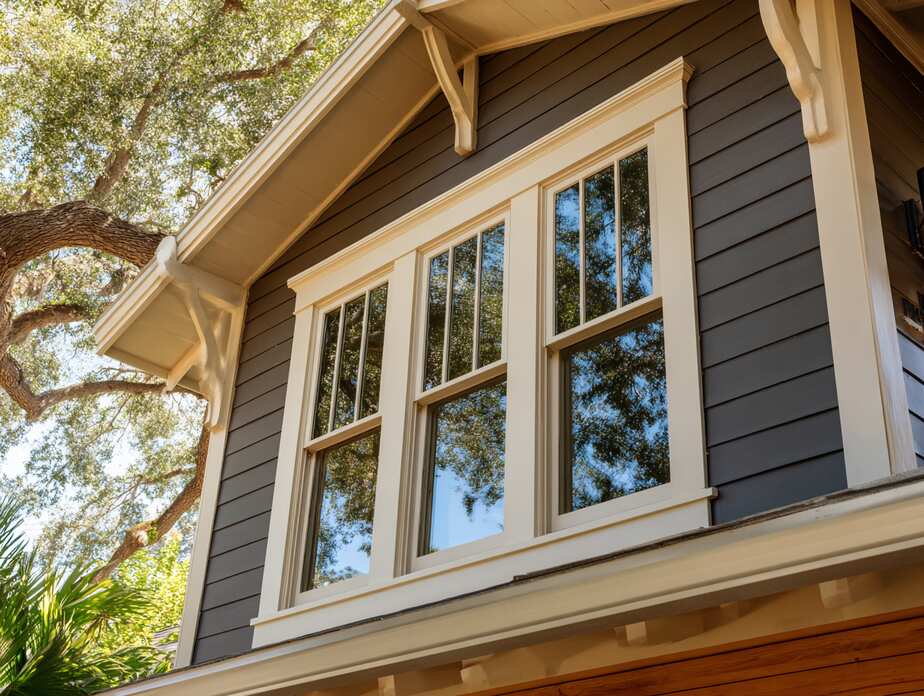 Craftsman home exterior featuring durable Hurricane Windows in Pinellas County, FL with classic white trim and dark siding.