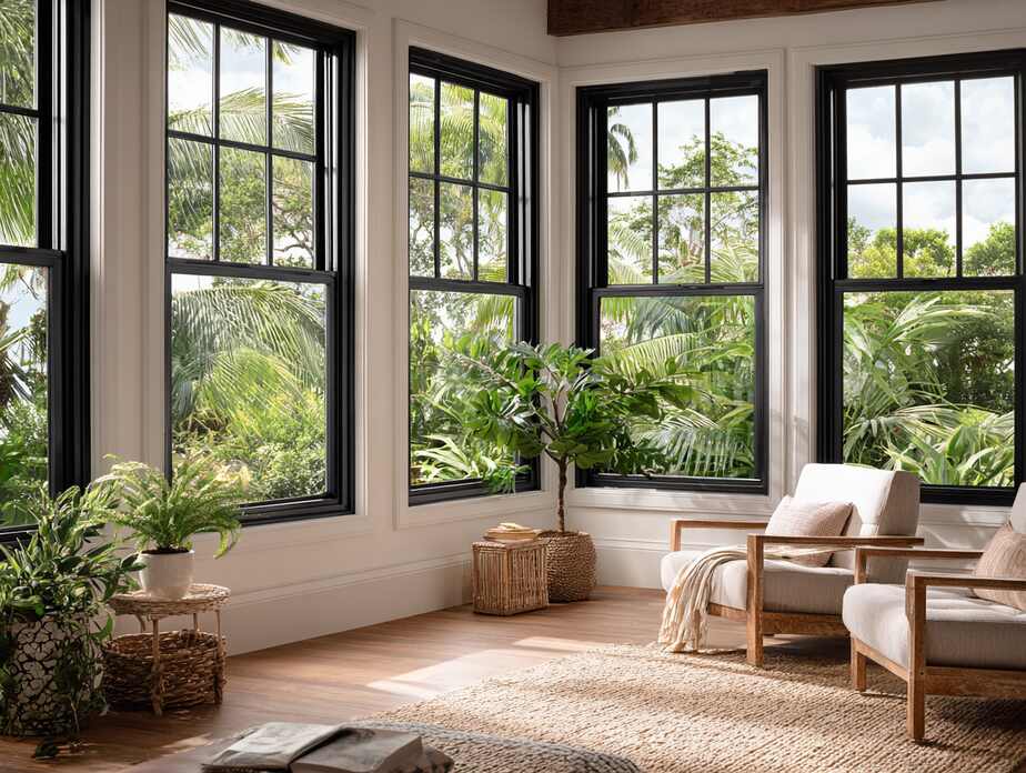 Interior view of black-framed Hurricane Windows in Pinellas County, FL, offering storm protection for a sunlit sunroom.