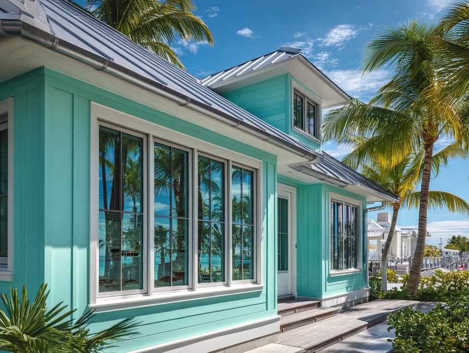 Reinforced Hurricane Windows in Pinellas County, FL on a modern beach house with durable glass and metal roofing.