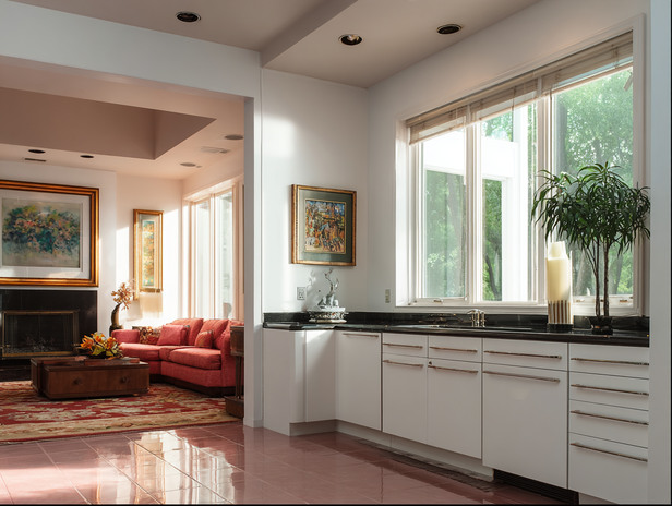 Sleek kitchen featuring large hurricane windows in Pinellas County, FL, for storm protection and bright natural light.