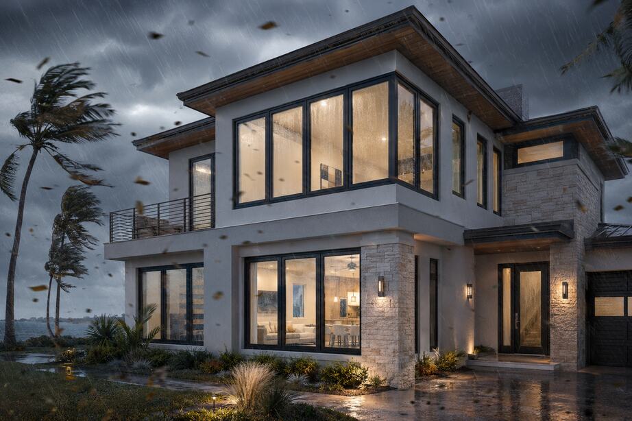 Modern waterfront home with hurricane resistant windows in Pinellas County Florida during heavy rain