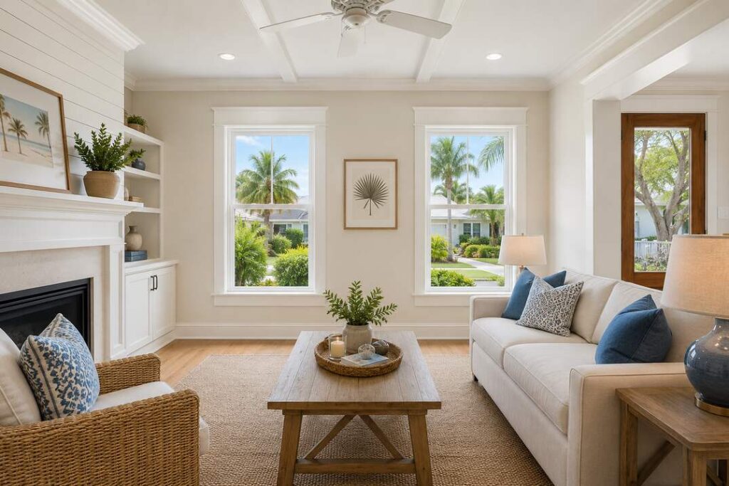 Bright coastal living room featuring white replacement windows overlooking a tropical residential neighborhood.