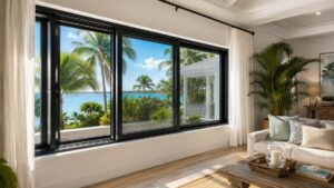 Modern coastal living room featuring large hurricane windows with expansive waterfront views and abundant natural light.