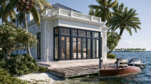 Luxury waterfront home featuring floor-to-ceiling impact resistant windows with panoramic coastal views.