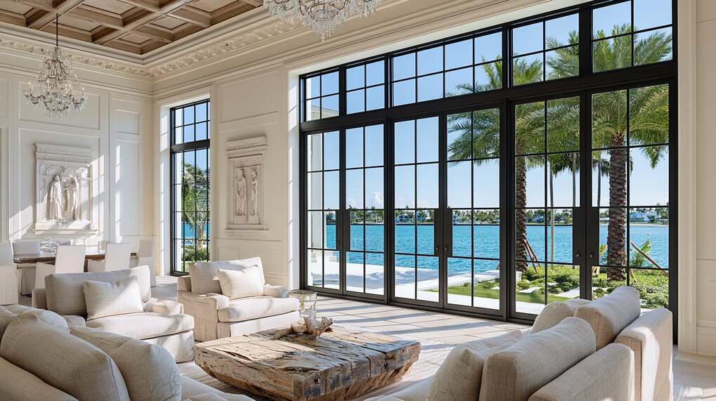 Elegant waterfront living room with expansive black-framed hurricane windows overlooking palm trees and the bay.