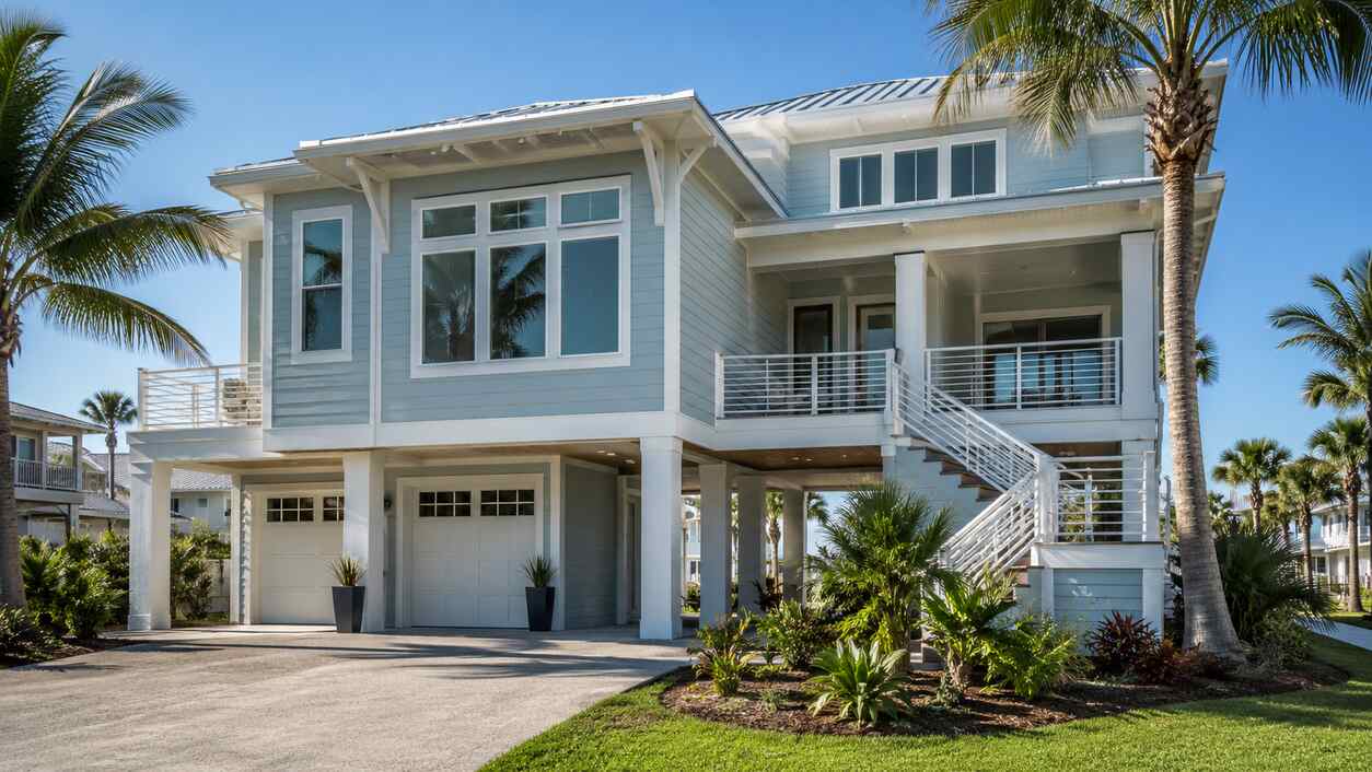 PGT WinGuard vinyl impact-resistant windows on a Modern Coastal Elevated home in Clearwater Beach, Florida