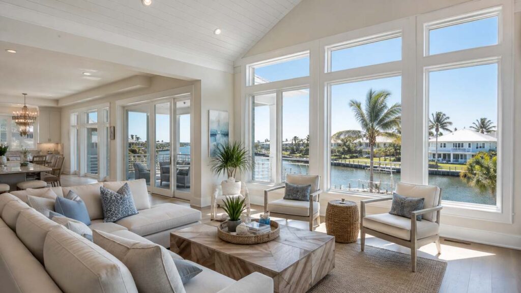 PGT WinGuard vinyl impact-resistant windows in the bright interior of a Modern Coastal Elevated home in Clearwater Beach, Florida