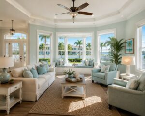 Bright coastal living room with impact-rated windows bringing natural light into a Pinellas County, FL home
