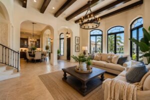 Spacious Mediterranean-inspired living room featuring large impact-rated windows in Pinellas County, FL
