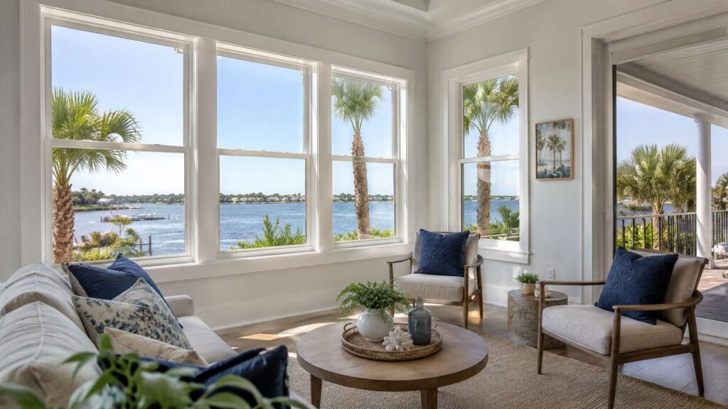 Coastal living room with white replacement windows overlooking tropical landscaping