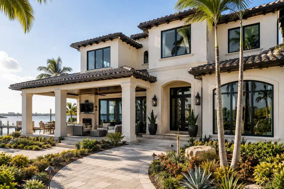 Luxury waterfront home featuring impact resistant black-framed windows that enhance coastal views, natural light, and storm protection.