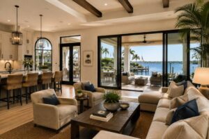 Open-concept living room with hurricane sliding glass doors creating seamless indoor-outdoor living and expansive waterfront views. Select 82 more words to run Humanizer.
