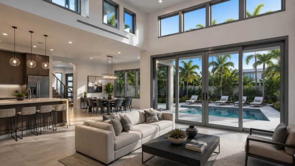 PGT WinGuard hurricane impact windows with grey frames and reflective tint and SGD5570 patio door in a modern coastal Clearwater FL open-plan living space.