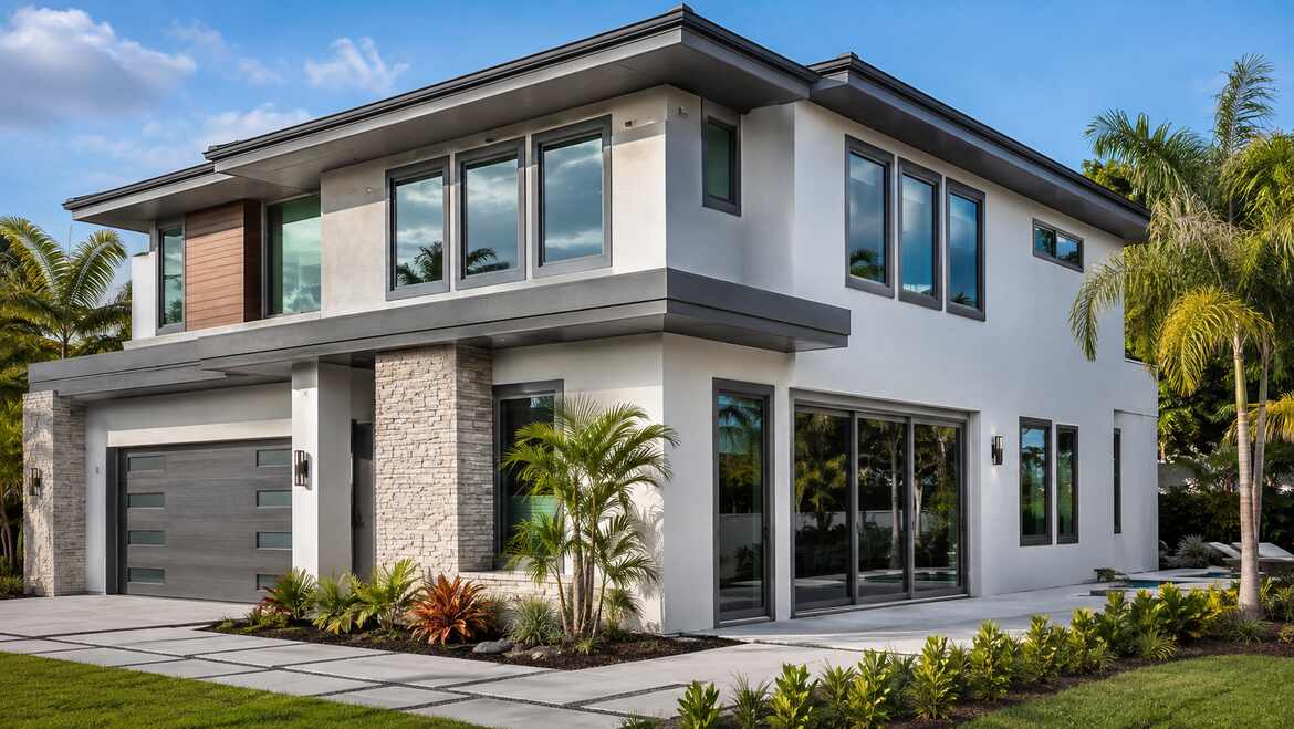 PGT WinGuard vinyl hurricane impact casement windows with grey frames and reflective tint and SGD5570 patio door on a two-story modern coastal home in Clearwater FL
