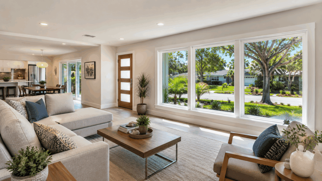 PGT WinGuard vinyl hurricane impact windows in a Mid-Century Modern Florida Ranch living room in Clearwater FL