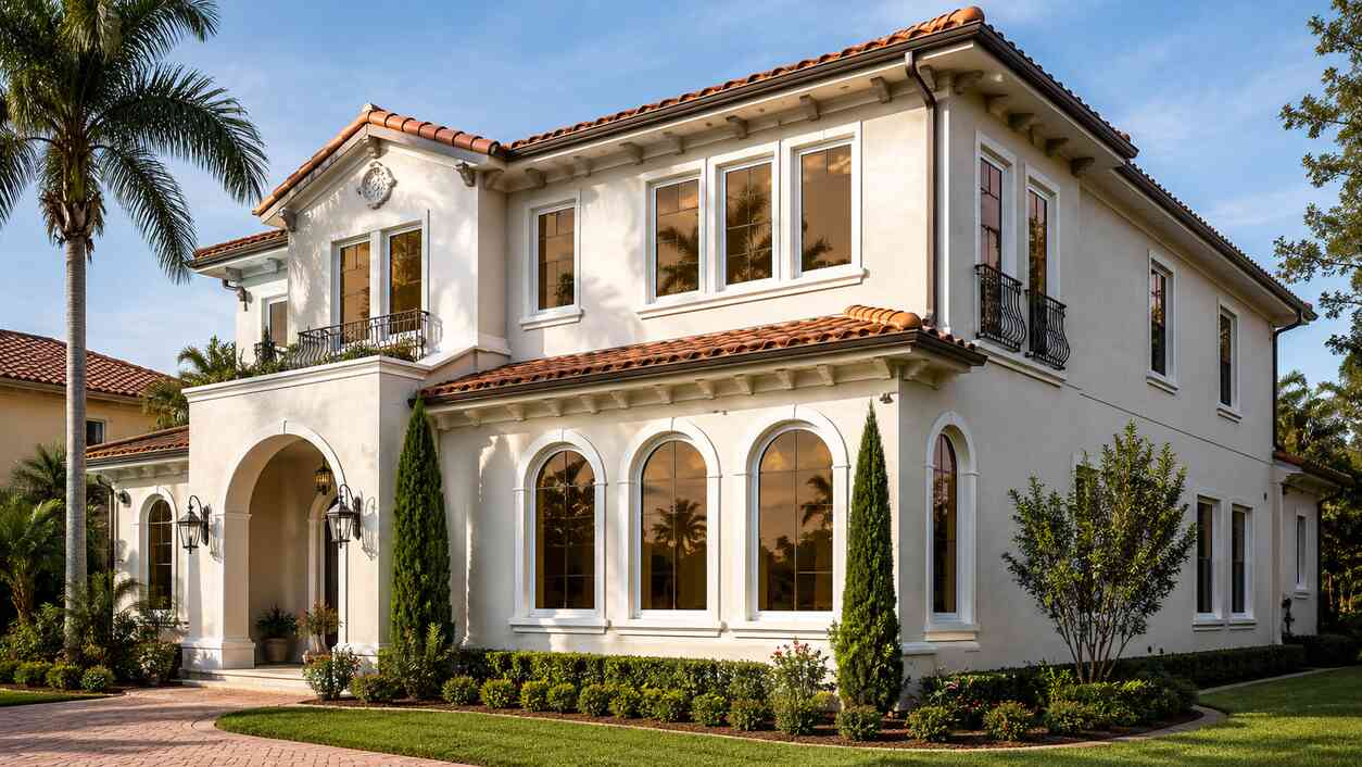 Hurricane impact windows with white vinyl frames and bronze tint on a two story Mediterranean style home.