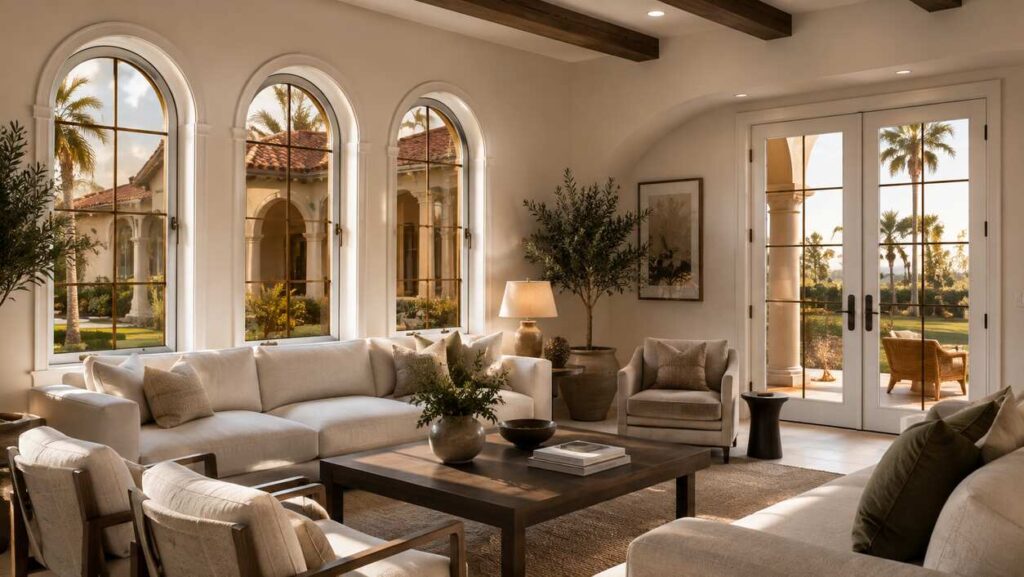 Impact-resistant windows with robust white vinyl frames and bronze tint in a Mediterranean style living room.