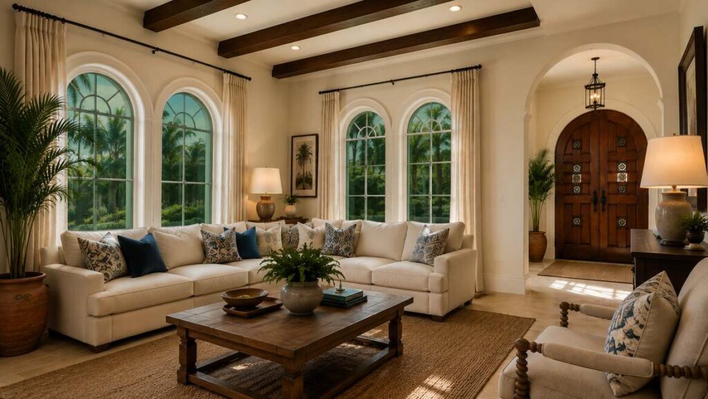 PGT WinGuard vinyl impact-resistant windows with white frames and green-tinted glass in a Spanish Colonial living roo