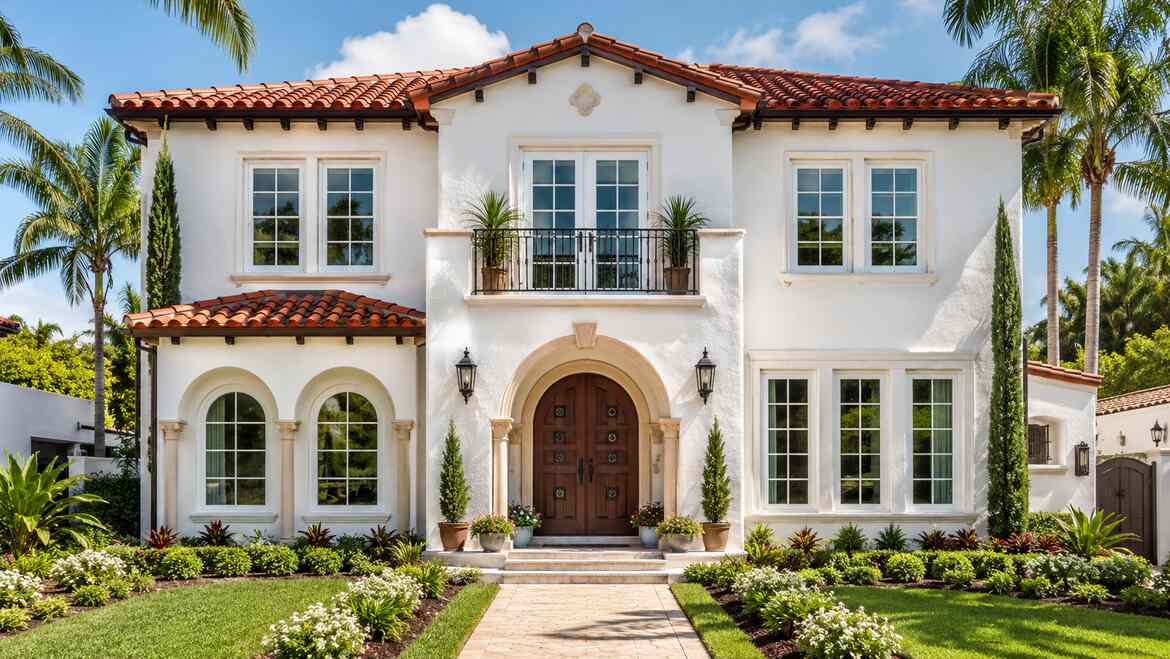 PGT WinGuard vinyl impact-resistant windows with white frames and Low-E glass on a two-story Spanish Colonial home