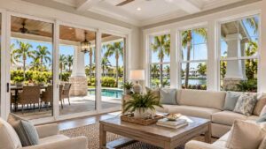 Bright coastal living room featuring large white-framed windows and sliding glass doors