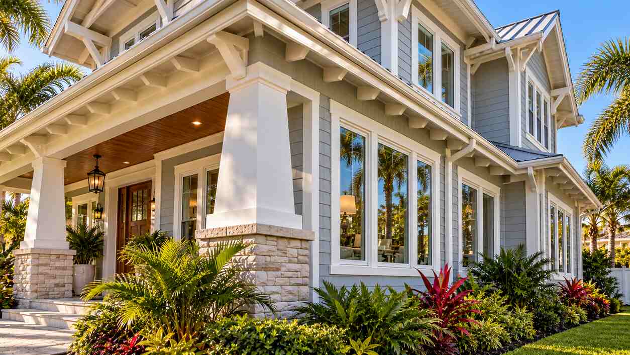 coastal-craftsman-home-exterior-large-white-framed-windows-tropical-landscaping