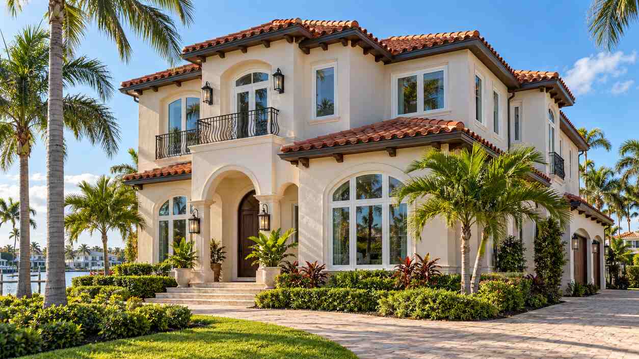 Mediterranean-style waterfront home featuring large white-framed windows surrounded by palm trees