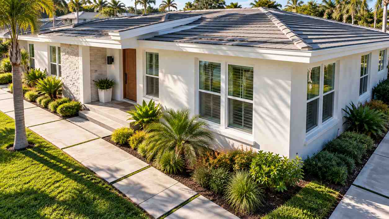 PGT WinGuard hurricane impact windows with white vinyl frames and Low-E clear glass on a one-story Florida Ranch home in Clearwater, Florida