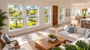 PGT WinGuard hurricane impact windows with white vinyl frames and Low-E clear glass inside a Florida Ranch home in Clearwater